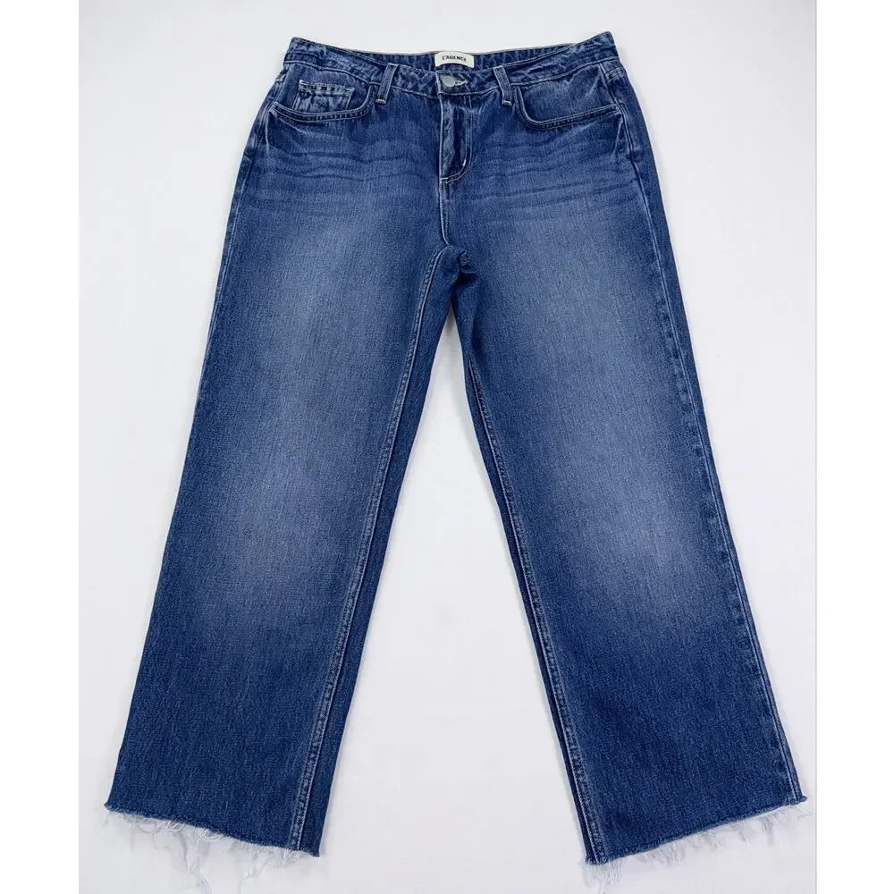 L'Agence Milana Low Rise Stovepipe Crop Straight Jean Raw Hem Women's 28 Blue